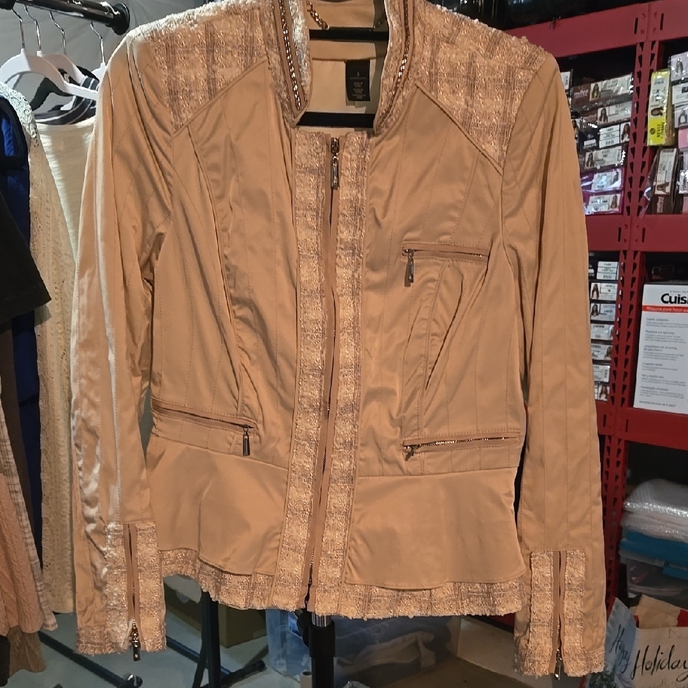 White House Black Market Tan Peplum Blazer Jacket Zipper Details